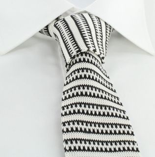 Black & White Pattern Stripe Skinny Silk Knitted Tie