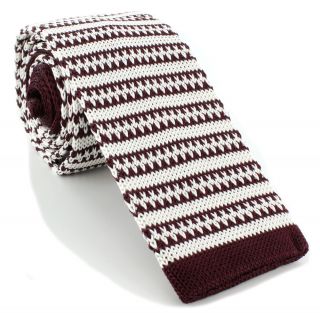Burgundy & White Pattern Stripe Skinny Silk Knitted Tie