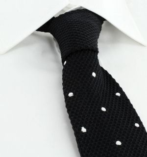 Black with White Spots Skinny Silk Knitted Tie