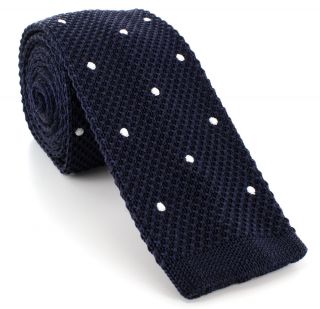 Navy with White Spots Skinny Silk Knitted Tie