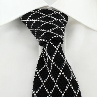 Black with White Diamonds Skinny Silk Knitted Tie