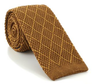 Brown with Gold Diamonds Skinny Silk Knitted Tie