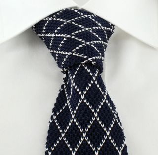 Navy with White Diamonds Skinny Silk Knitted Tie
