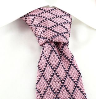 Pink with Navy Diamonds Skinny Silk Knitted Tie