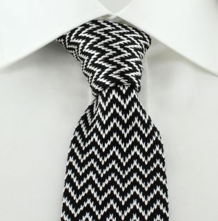 Black with White Zigzag Skinny Silk Knitted Tie