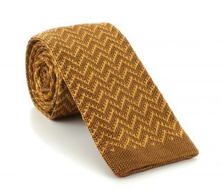 Brown with Gold Zigzag Skinny Silk Knitted Tie