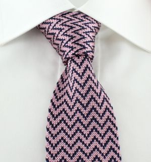 Pink with Navy Zigzag Skinny Silk Knitted Tie