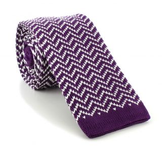 Purple with White Zigzag Skinny Silk Knitted Tie