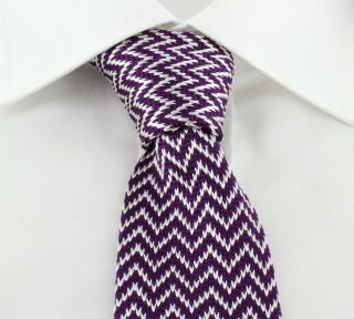 Purple with White Zigzag Skinny Silk Knitted Tie