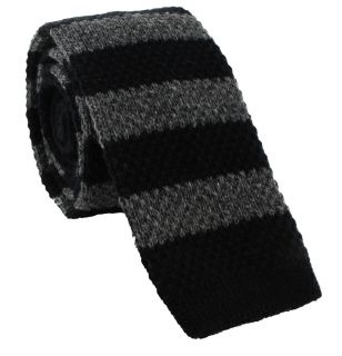 Black & Grey Block Stripe Skinny Acrylic & Cotton Knitted Tie