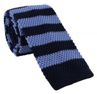 Navy & Blue Block Stripe Skinny Silk Knitted Tie