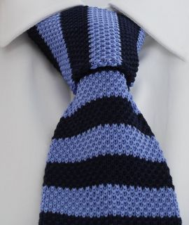 Navy & Blue Block Stripe Skinny Silk Knitted Tie