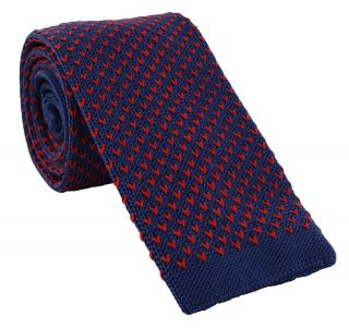 Blue with Red V Dots Skinny Silk Knitted Tie