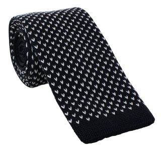 Navy with White V Dots Skinny Silk Knitted Tie