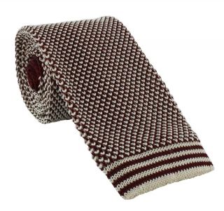 Burgundy with Cream Pattern Skinny Silk Knitted Tie