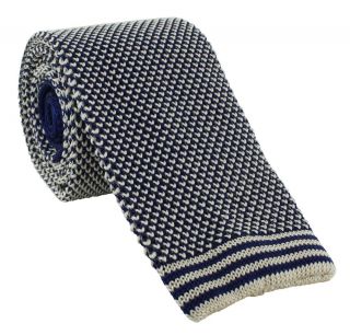 Blue with Cream Pattern Skinny Silk Knitted Tie