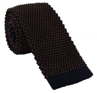 Navy with Brown Semi Plain Skinny Silk Knitted Tie