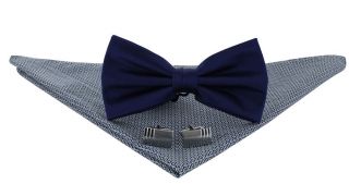 Royal Blue Silk Bow Tie, Blue Retro Circle Pocket Square & Cufflink Gift Set