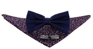 Royal Blue Silk Bow Tie, Wine Floral Pocket Square & Cufflink Gift Set