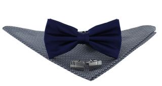 Royal Blue Silk Bow Tie, Navy Retro Pattern Pocket Square & Cufflink Gift Set