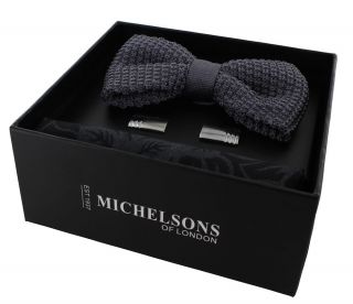 Charcoal Silk Knitted Bow Tie, Black & Grey Floral Pocket Square & Cufflink Gift Set