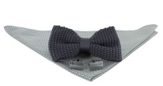 Charcoal Silk Knitted Bow Tie, Black Small Pine Pocket Square & Cufflink Gift Set