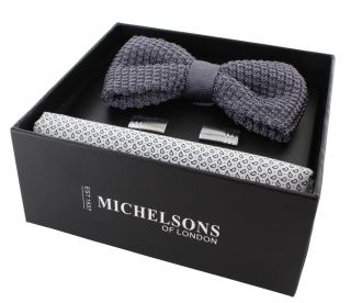 Charcoal Silk Knitted Bow Tie, Black Small Pine Pocket Square & Cufflink Gift Set