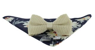 Cream Silk Knitted Bow Tie, Cream Large Flower Pocket Square & Cufflink Gift Set