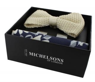 Cream Silk Knitted Bow Tie, Cream Large Flower Pocket Square & Cufflink Gift Set