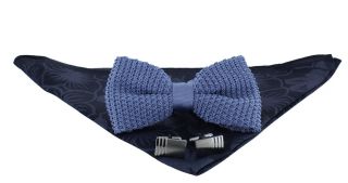 Light Blue Silk Knitted Bow Tie, Navy & Blue Floral Pocket Square & Cufflink Gift Set