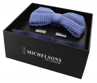 Light Blue Silk Knitted Bow Tie, Navy & Blue Floral Pocket Square & Cufflink Gift Set