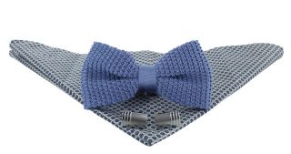 Light Blue Silk Knitted Bow Tie, Blue Small Flower Pocket Square & Cufflink Gift Set