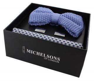 Light Blue Silk Knitted Bow Tie, Blue Small Flower Pocket Square & Cufflink Gift Set