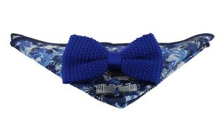 Royal Blue Silk Knitted Bow Tie, Blue Tropical Floral Pocket Square & Cufflink Gift Set