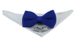 Royal Blue Silk Knitted Bow Tie, Blue Small Spot Pocket Square & Cufflink Gift Set