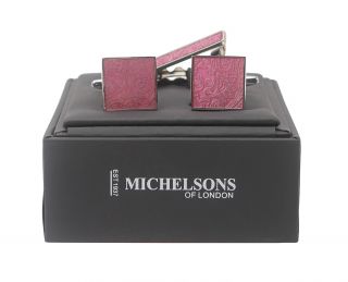 Pink Enamel Paisley Wedding Tie Clip & Cufflink Set