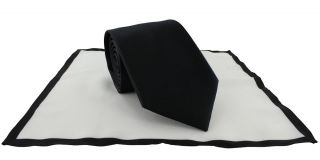 Black Rib Tie & White with Black Border Pocket Square Set