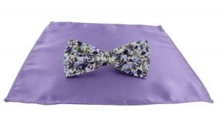 Contrast Floral Bow Tie & Lilac Plain Pocket Square Set
