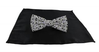 Contrast Floral Bow Tie & Black Plain Pocket Square Set