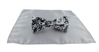 Contrast Floral Bow Tie & Light Grey Plain Pocket Square Set