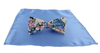 Contrast Floral Bow Tie & Light Blue Plain Pocket Square Set