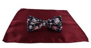 Contrast Floral Bow Tie & Dark Red Plain Pocket Square Set