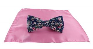 Contrast Floral Bow Tie & Pink Plain Pocket Square Set