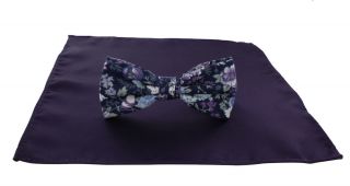 Contrast Floral Bow Tie & Purple Plain Pocket Square Set