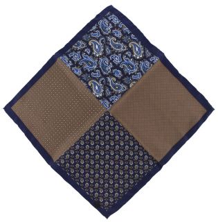 Brown & Navy 4 Pattern Silk Pocket Square