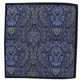 Blue & Gold Paisley & Medallion Double Sided Silk & Cotton Pocket Square