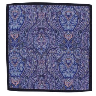 Blue & Pink Paisley & Medallion Double Sided Silk & Cotton Pocket Square
