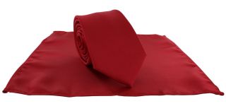 Bright Red Slim Satin Plain Tie & Pocket Square Set