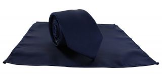 Navy Slim Satin Plain Tie & Pocket Square Set