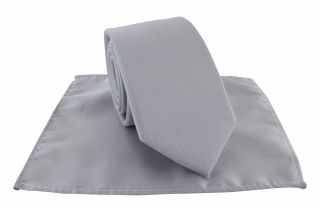 Boys Light Grey Plain Tie & Pocket Square Set